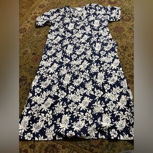Home Sewn navy and white floral print Hawaiian muumuu dress